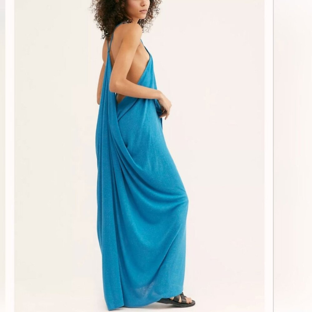 Free People Teal Blue Positano Halter-Back Maxi Dress